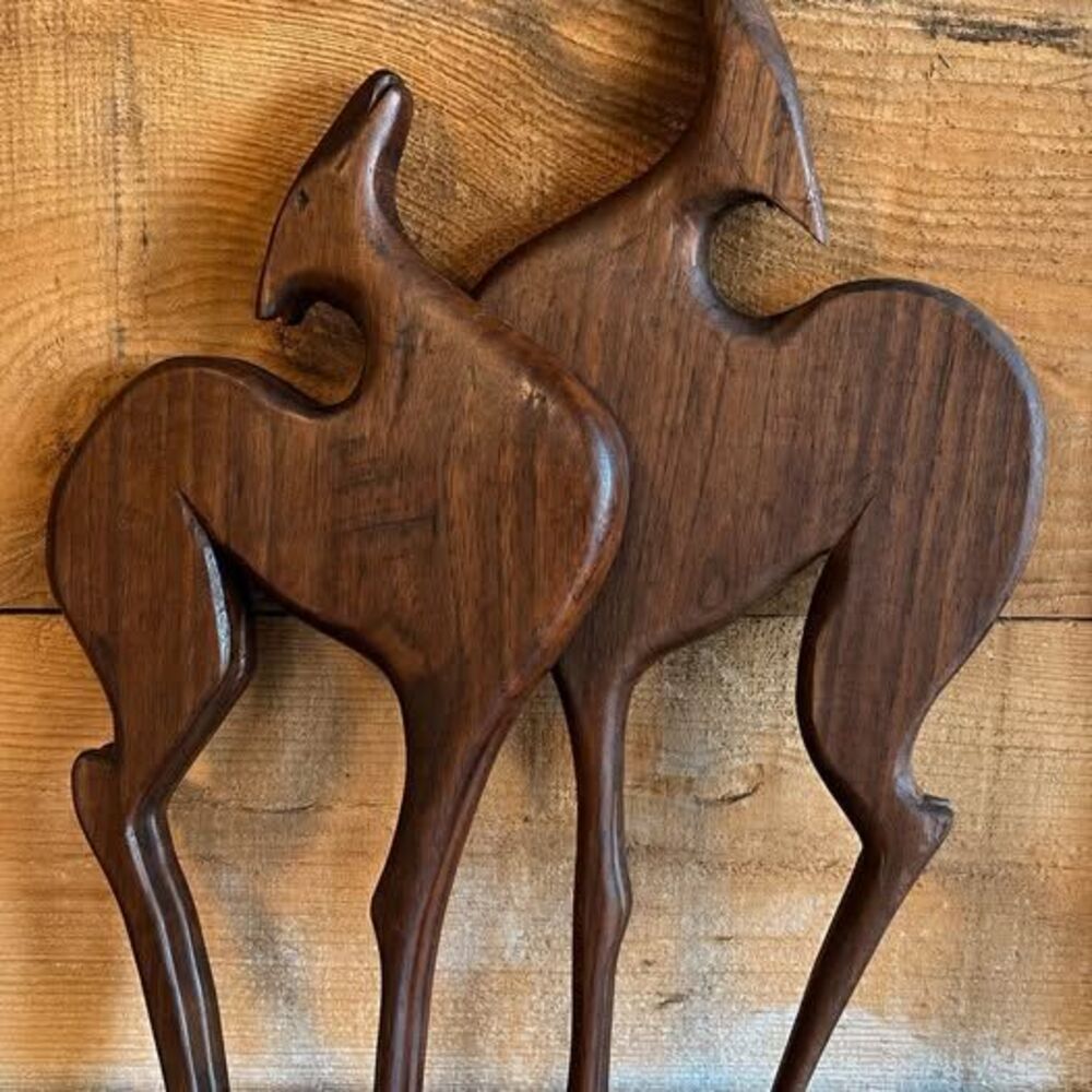 Vintage MCM Hand-Carved Wooden Antelope Sculptures – Pair